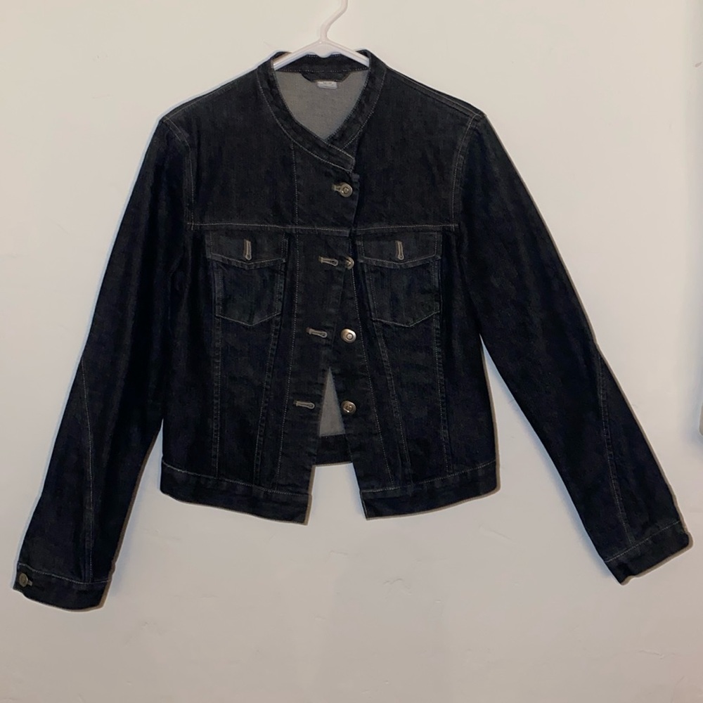 Garnet Hill Women Dark‎ Wash Denim Jacket Collarless Crew Neck Blue Size S